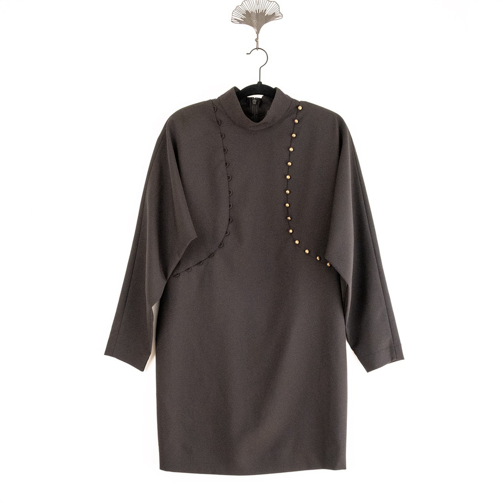 Nicole Miller Black Puff Sleeve Button Dress Mock Neck Women's $395 - Size 10 - Picture 4 of 14